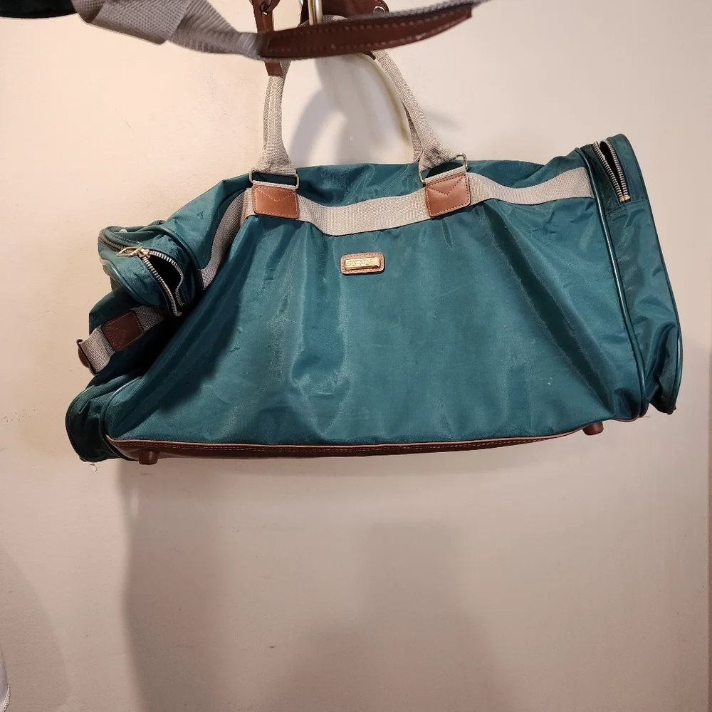 Jaguar Vintage Set Of 2 Travel Bags Teal Duffel Bag with Tan Straps